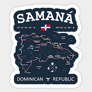 Dominican Republic Flag Travel Map Samana Coordinates Roads Rivers and Oceans White Sticker